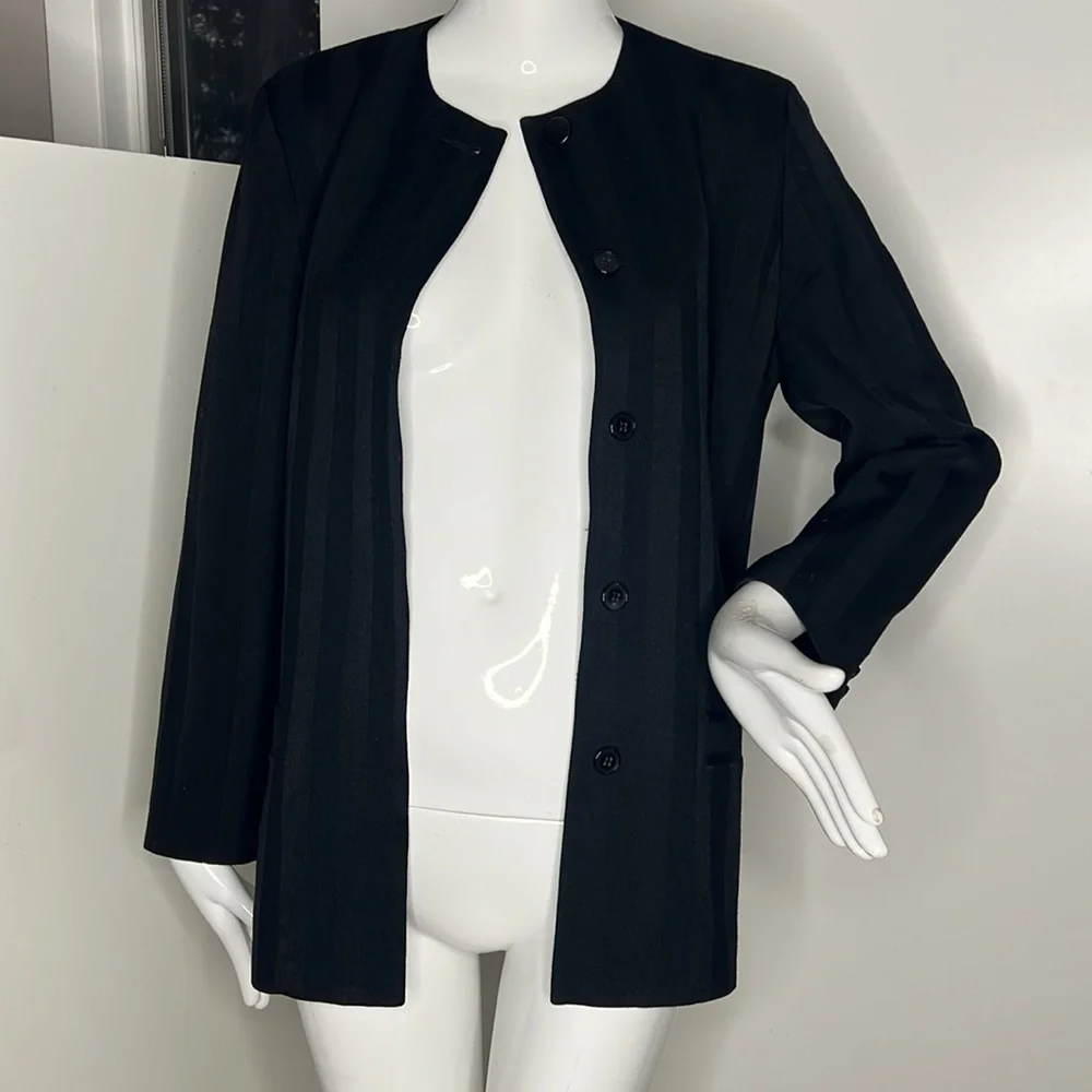 Christian Dior Sz 6-8 Black Wide Pin Stripe Collarless Hidden Button Blazer